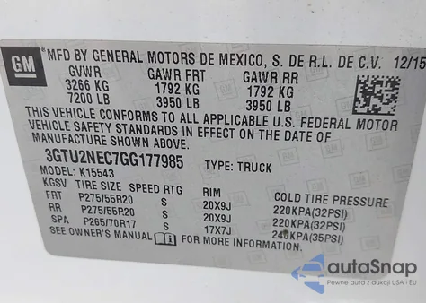 2016 GMC Sierra 1500 Slt z USA, uszkodzony, nr VIN 3GTU2NEC7GG177985